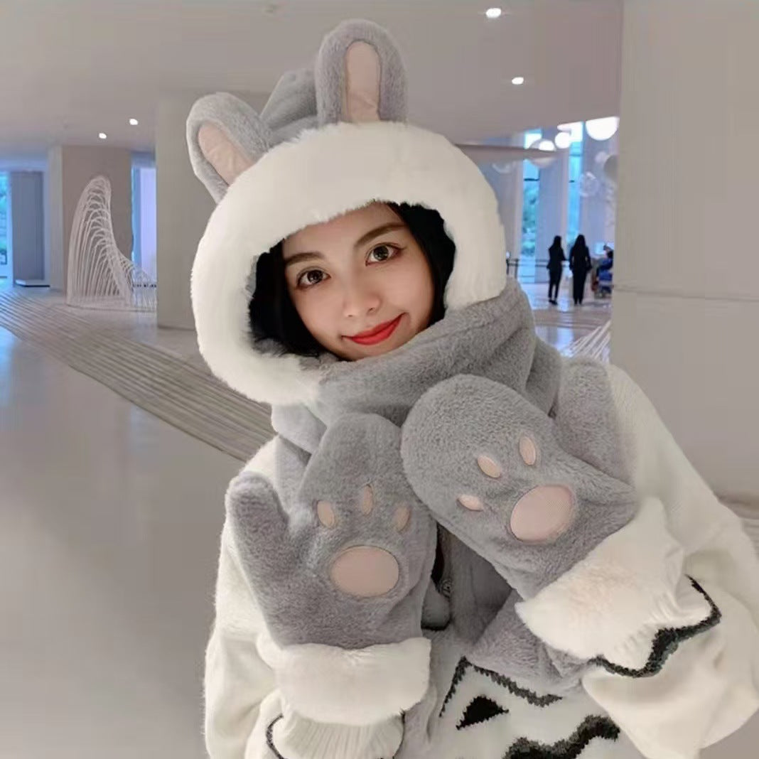 Fox Ear Hat and Scarf All-In-One Hat for Women in Winter, Cute Plush Fleece-Lined, Thickeneded and Warm, Two-Piece Set with Scarf