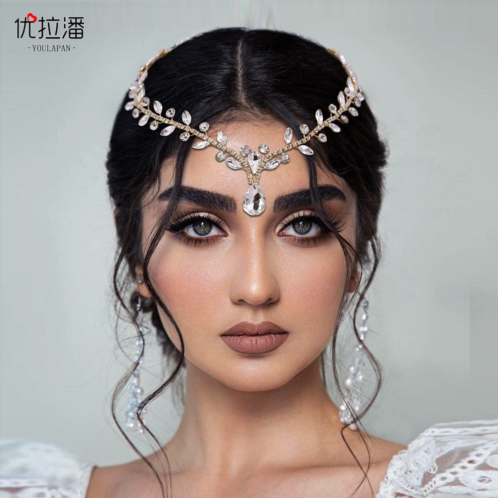 Youlapan Cross-Border European and American Simple Hairband with Rhinestones and Water Drop Design, Forehead Hair Chain, Symmetrical Hair Accessory Hp465