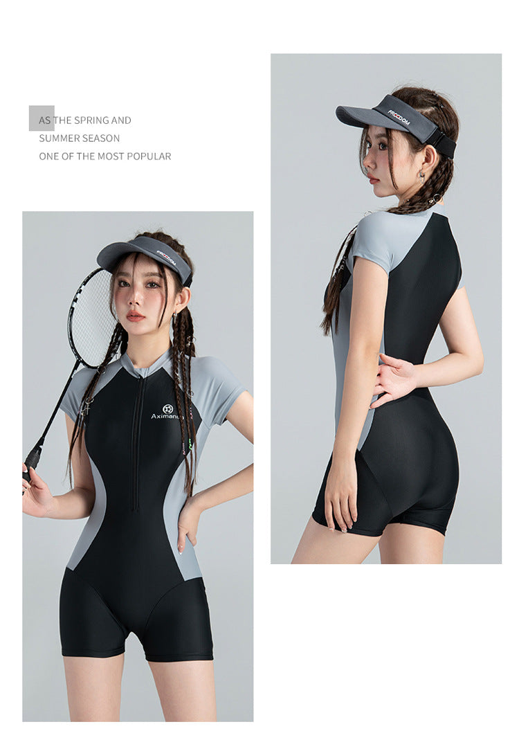 Korean Ins One-Piece New Style Swimsuit for Women, Conservative Square-Leg Athletic Style, Small Bust, Fresh Style, Hot Spring Wholesale Cross-Border Swimwear
