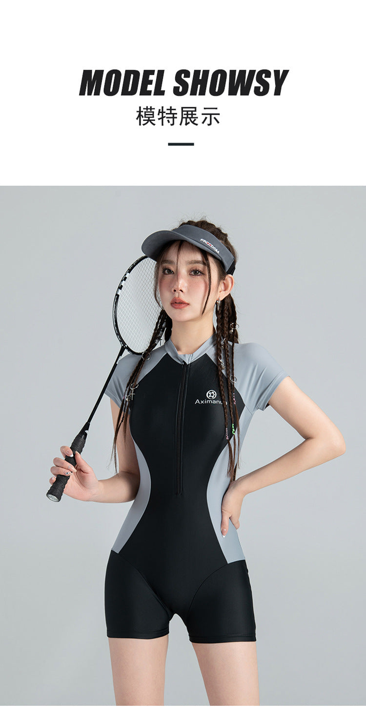 Korean Ins One-Piece New Style Swimsuit for Women, Conservative Square-Leg Athletic Style, Small Bust, Fresh Style, Hot Spring Wholesale Cross-Border Swimwear