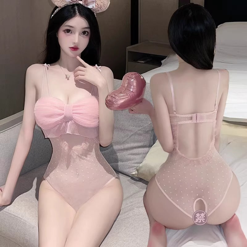 Sexy Intimates, Open Crotch, Temptation, No Need to Take Off, Provocative Sexy Suit, Hollow Lace See-Through Mesh Clothes on the Bed, Small Breasts Appear Bigger