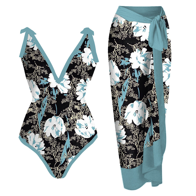 2026 European and American Foreign Trade Ins-Style Cross-Border Aliexpress Printed Swimsuit One-Piece Chiffon Hip-Covering Skirt Two-Piece Swimsuit