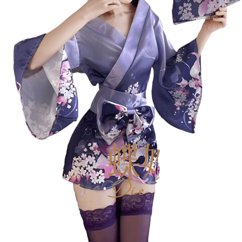 Diyi Miao Si Sexy Lingerie Deep V Floral Fox Dream Two-Dimensional Open-Front Japanese Retro Style Kimono Set A515
