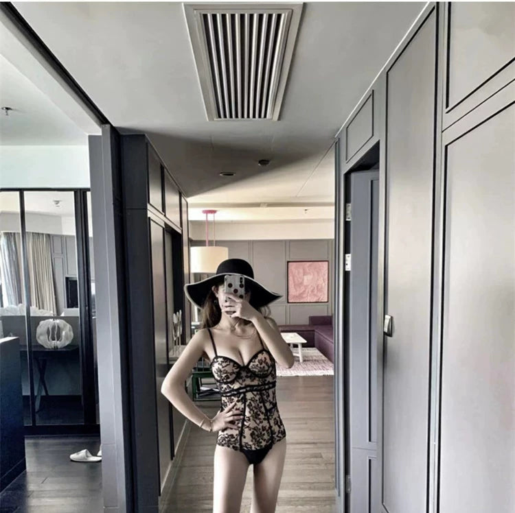 Ins Internet Celebrity Same Style Black Sexy Lace Swimsuit Women's Thinned Small Chest Push-up Slim Hot Spring Vacation Swimsuit