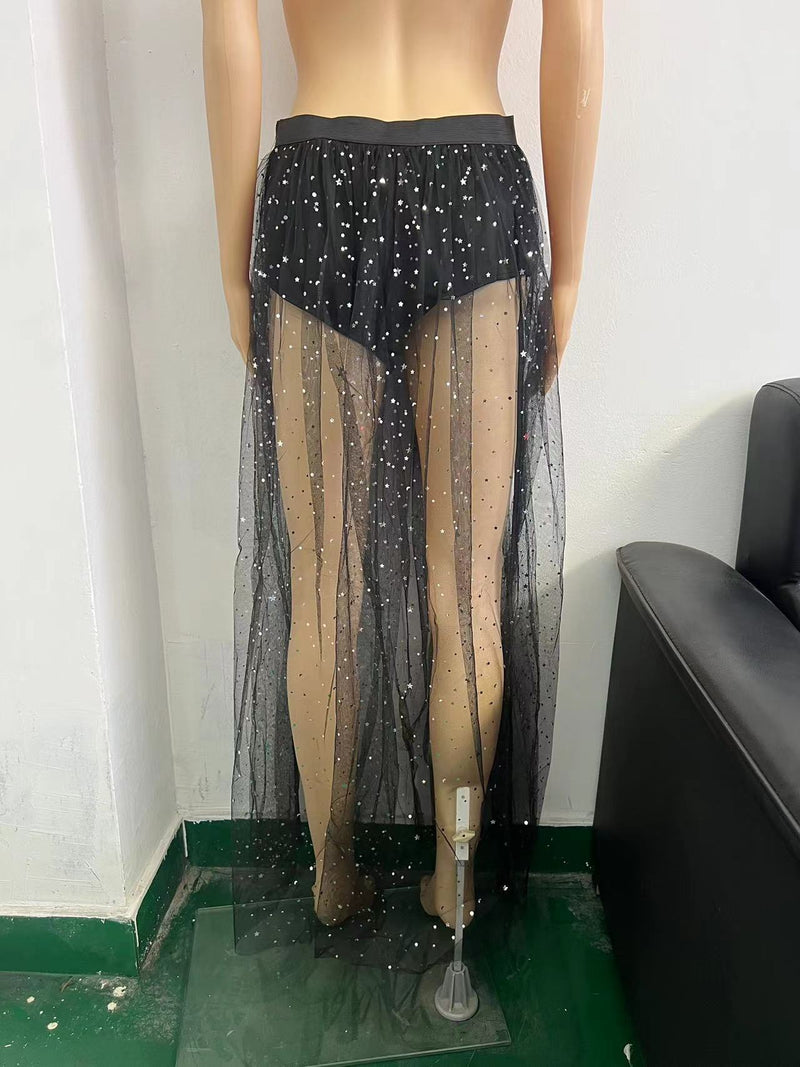 Ins Style Street Suspender Mesh Bikini Cover-Up Skirt Star See-Through Mesh Sexy Slim Fit