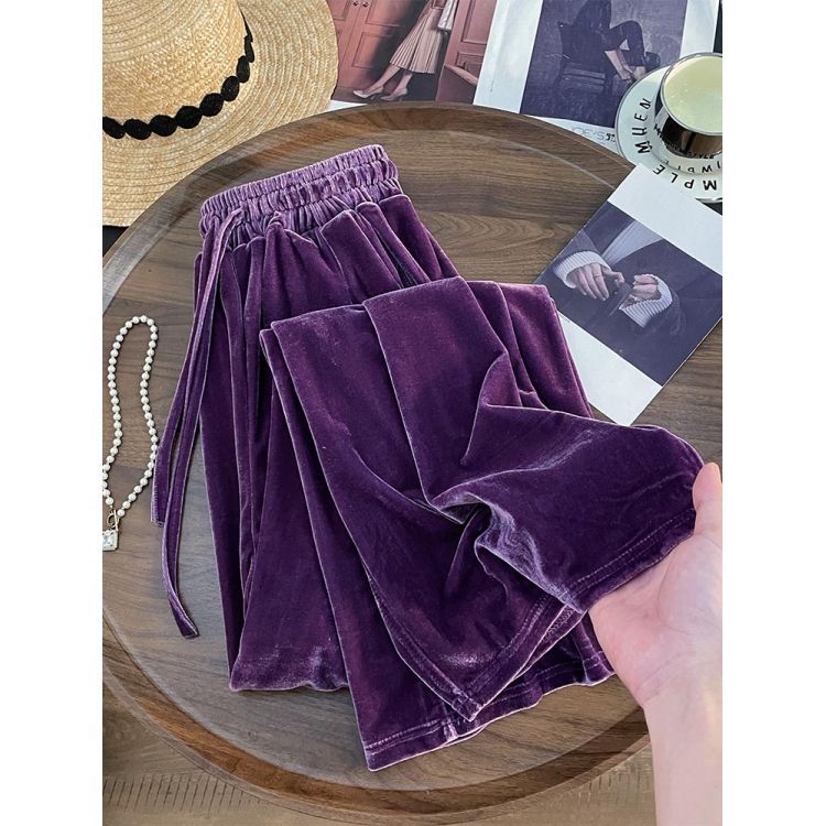Purple High-grade Gold Velvet Pants Women's Autumn and Winter New Dosing fleece-lined Loose Belly Covering Slimming Straight Casual Pants