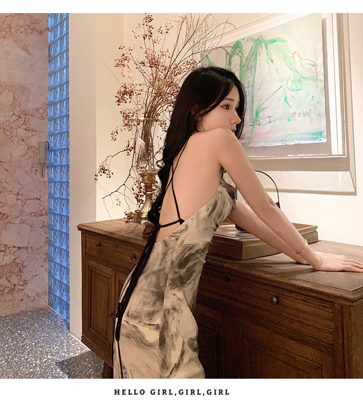 Ink Painting Suspender Dress for Women Summer 2025 New New Chinoiserie Backless Elegant Design Long Skirt Summer Dress