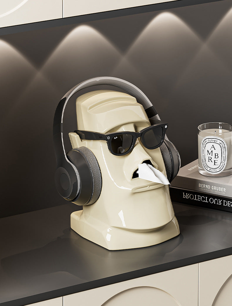 Creative Tissue Box Household Multifunctional Earphone Rack Large Capacity Built-in Spring Easter Island Moai Stone Tissue Box