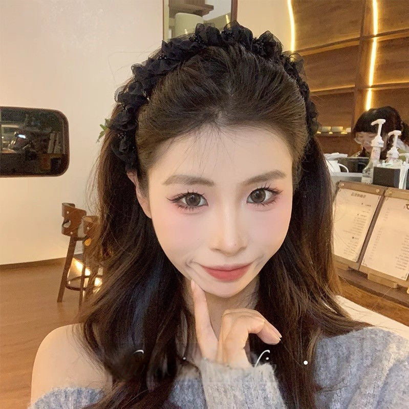 Mesh Pleated Beaded Headband for Women 2026 New Style Comb with Ribbon Headband High Crown Hair Accessory Bangs Hairpin