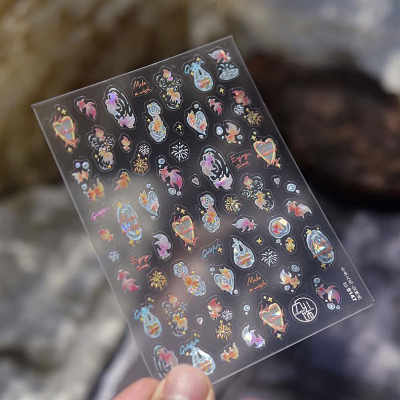 Goldfish Spark Nail Art Stickers Embossed New 3D Three-Dimensional 5D Internet Celebrity Ins National Style Koi Nail Stickers Decoration