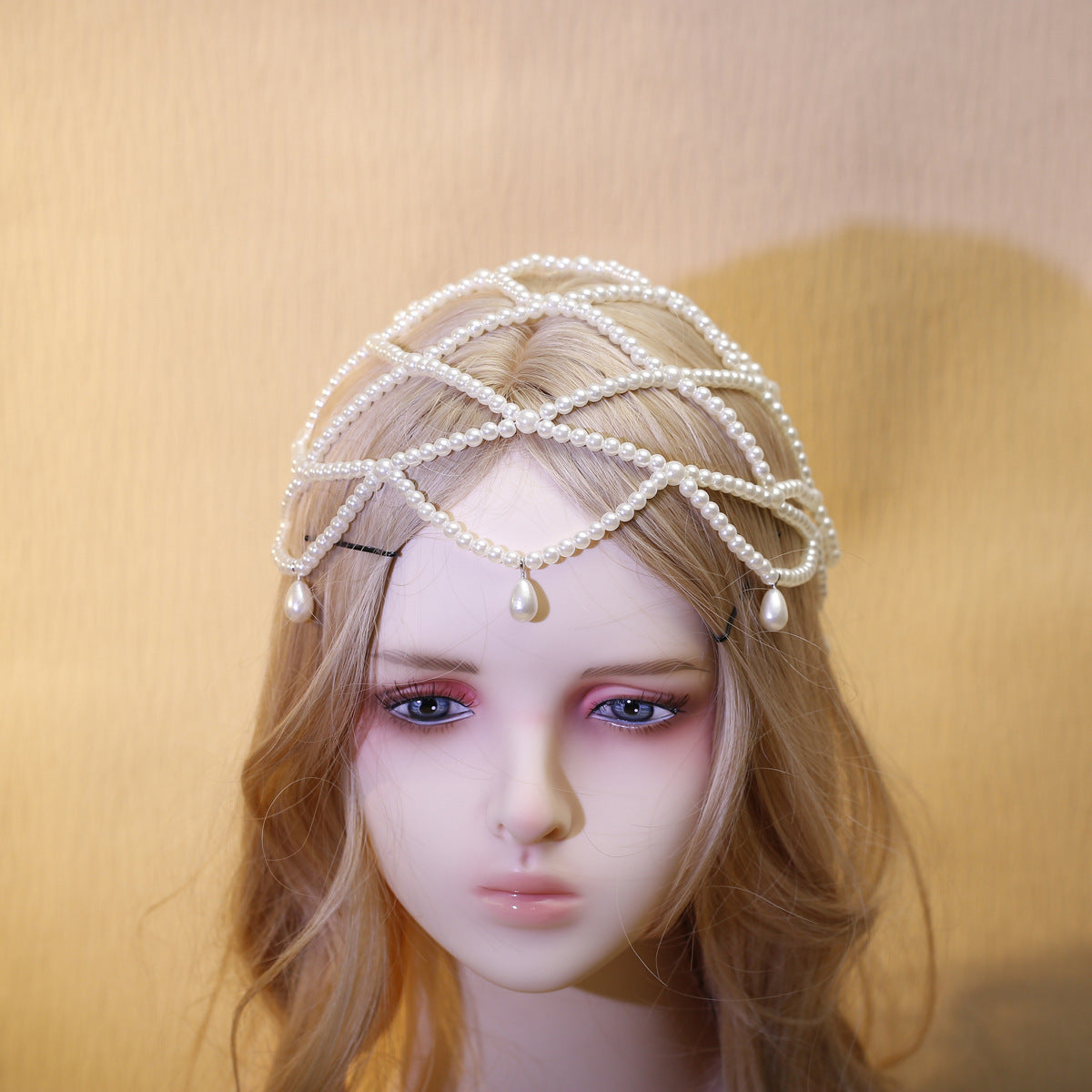Handmade Beaded Pearl Mesh Hat Hair Net Bridal Dress Headdress Exotic Style High-End Niche Water Drop Hair Hoop Hair Cover