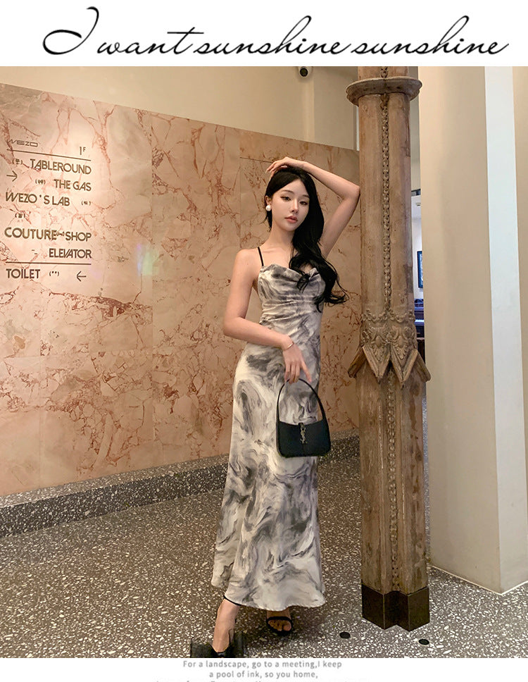 Ink Painting Suspender Dress for Women Summer 2025 New New Chinoiserie Backless Elegant Design Long Skirt Summer Dress