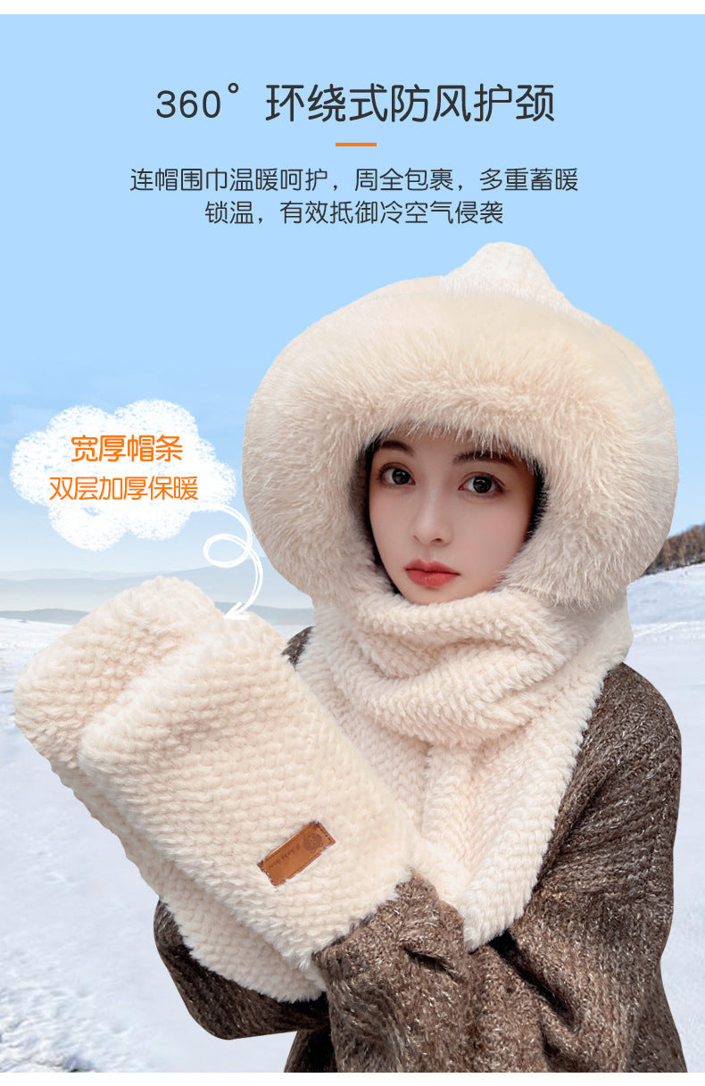 Fox Ear Hat and Scarf All-In-One Hat for Women in Winter, Cute Plush Fleece-Lined, Thickeneded and Warm, Two-Piece Set with Scarf