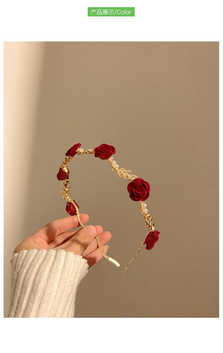 Cross-border Retro Dry Rose Red Flower Pearl Headband Women's High-end Sense Niche Hair Clamp Headband Bridal Headwear