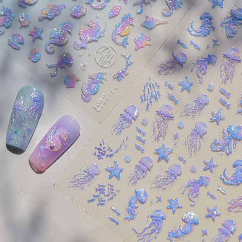 Shell Light Jellyfish Seahorse Nail Art Sticker Embossed New 5D Stereo 3D Dream Shell Ocean Nail Sticker