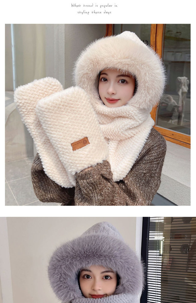 Fox Ear Hat and Scarf All-In-One Hat for Women in Winter, Cute Plush Fleece-Lined, Thickeneded and Warm, Two-Piece Set with Scarf