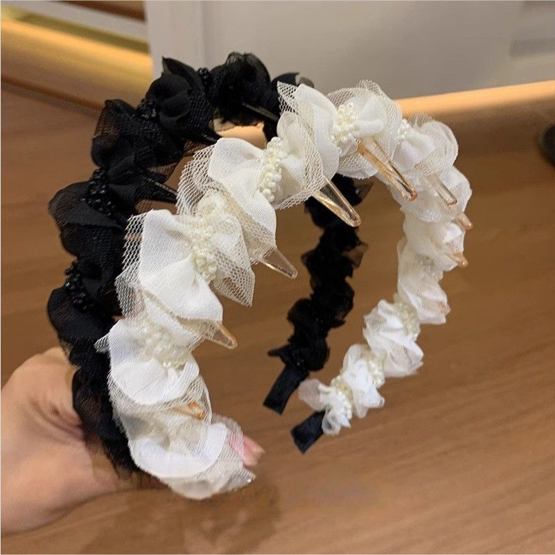 Mesh Pleated Beaded Headband for Women 2026 New Style Comb with Ribbon Headband High Crown Hair Accessory Bangs Hairpin