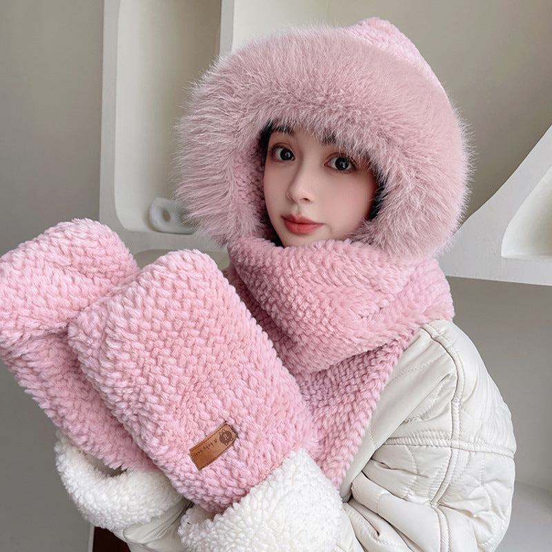 Fox Ear Hat and Scarf All-In-One Hat for Women in Winter, Cute Plush Fleece-Lined, Thickeneded and Warm, Two-Piece Set with Scarf