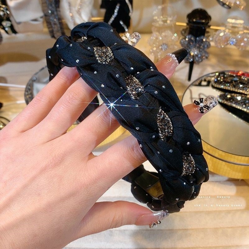 Black Rhinestone Twist High Crown Headband for Women, Versatile Hair Accessory for Going Out, Face Washing Headband