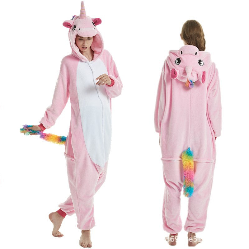 Special offer cartoon animal one-part pajamas pink pig adult autumn and winter cross-border flannel new men's and women's home clothes couple