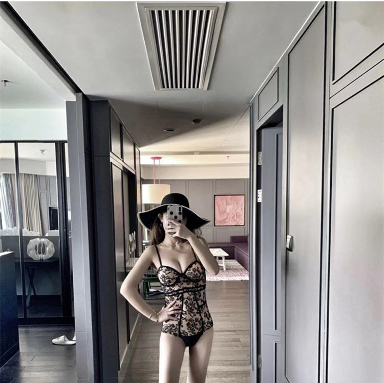 Ins Internet Celebrity Same Style Black Sexy Lace Swimsuit Women's Thinned Small Chest Push-up Slim Hot Spring Vacation Swimsuit