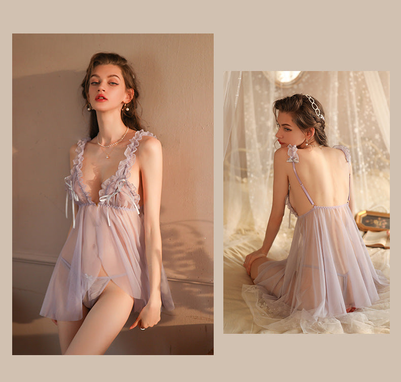Sexy Lingerie, Sexy Pajamas, Women's See-through Lace Suspender Skirt, Ice Silk Thin Nightgown, Home Wear, Open File, No Need to Take Off