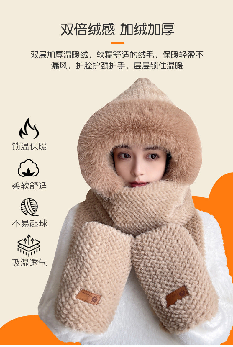Fox Ear Hat and Scarf All-In-One Hat for Women in Winter, Cute Plush Fleece-Lined, Thickeneded and Warm, Two-Piece Set with Scarf