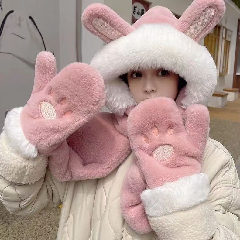 Fox Ear Hat and Scarf All-In-One Hat for Women in Winter, Cute Plush Fleece-Lined, Thickeneded and Warm, Two-Piece Set with Scarf