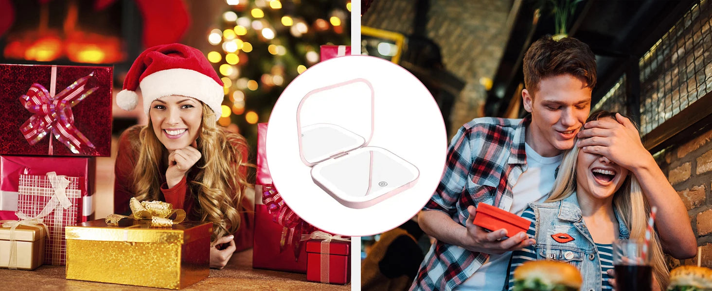 2X magnifying Compact Vanity Makeup Mirror with Lights Travel Mini Folding Portable Handheld Pocket LED Cosmetic Mirror for Gift