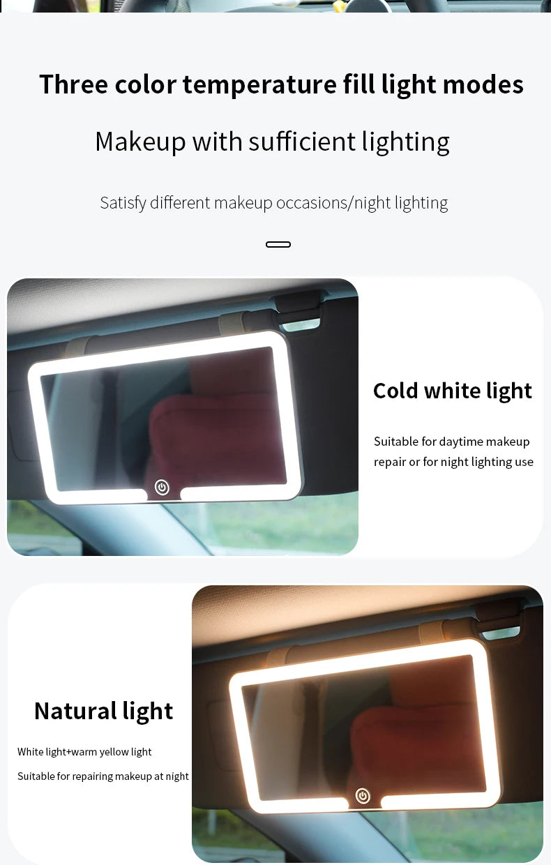 Car Interior Mirrors Sun Visor Plate LED HD Makeup Mirror for Girls Women Rechargeable Fill Light Universal Thin Vanity Mirror