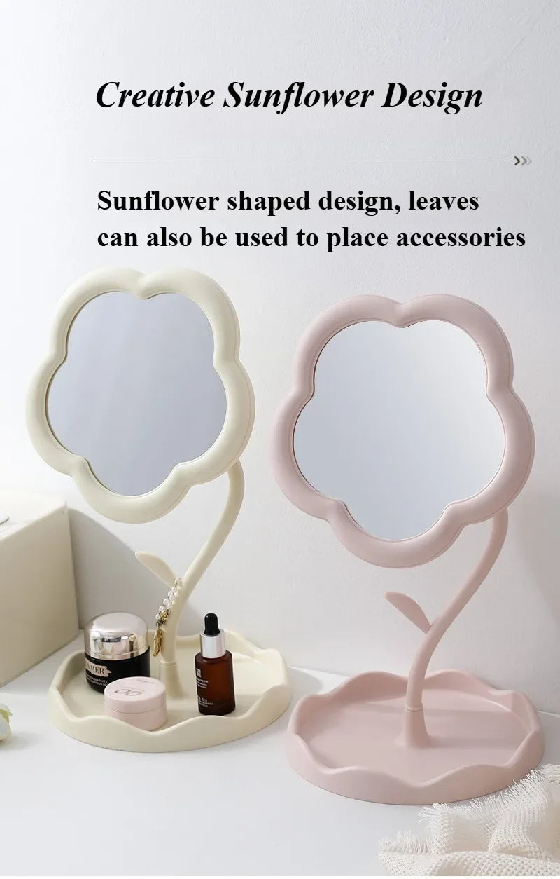 Sunflower Desktop Makeup Mirror for Students Flower Beauty Dressing Table Mirror with Hanging Jewelry Organizer for Girls