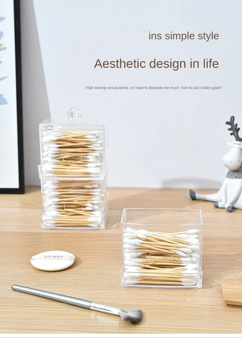 Cotton Swab Storage Box Can Be Stacked with Portable Transparent Household Cosmetic Container Square Organizer Box